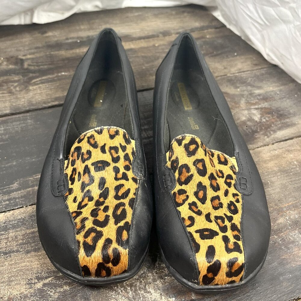 Clarks Collection Womens Leather Slip on Loafers Bayou Black Leopard Size 11W